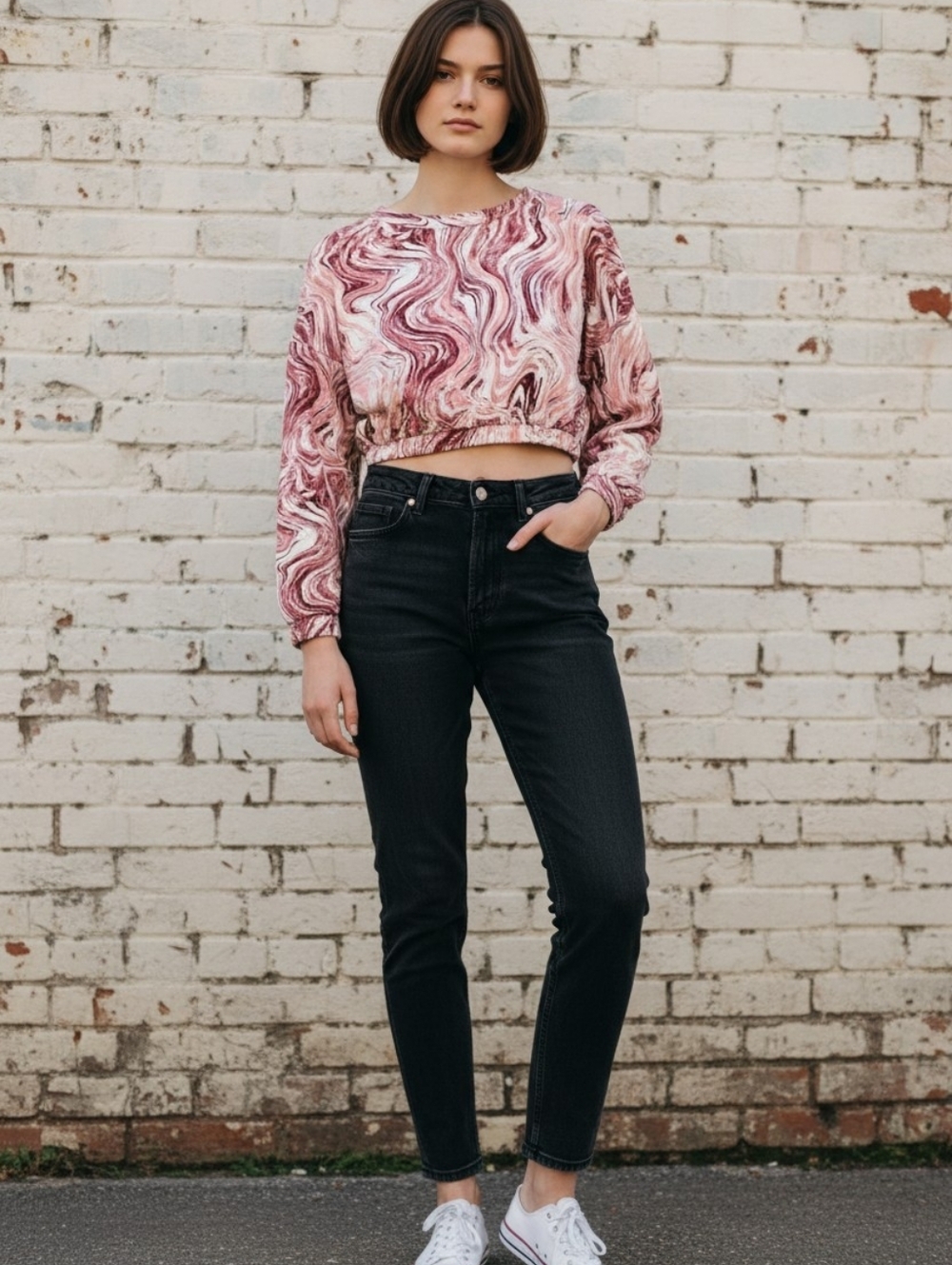 Y2K Aesthetic Pink Abstract Wave Crop Top Sweatshirt Buttery Soft Med